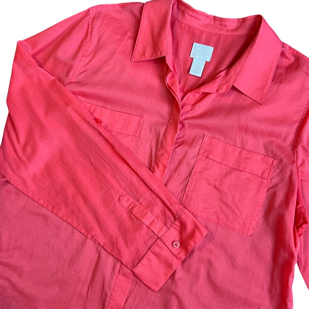 Chicos Coral‎ Button Down Lightweight Camp Shirt Roll Tab Sleeve Size 2/Large/12